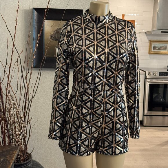 HOTMIAMISTYLES gold,black& creme colored sequins long sleeved high neck ROMPER - Picture 1 of 9